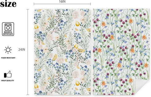 Floral Colorful Green Leaf and Wildflower Spring Kitchen Dish Towels, 16×24 Inches Summer Hand Tea Towel for Home Cooking Baking Cleaning, Set of ...