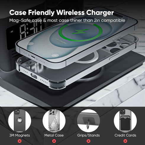 Wireless Charging Station for Apple Devices, 5 in 1 Wireless Charger Stand with Alarm Clock and Light, Charging Dock for iPhone 15 14 13 12 11 X P...