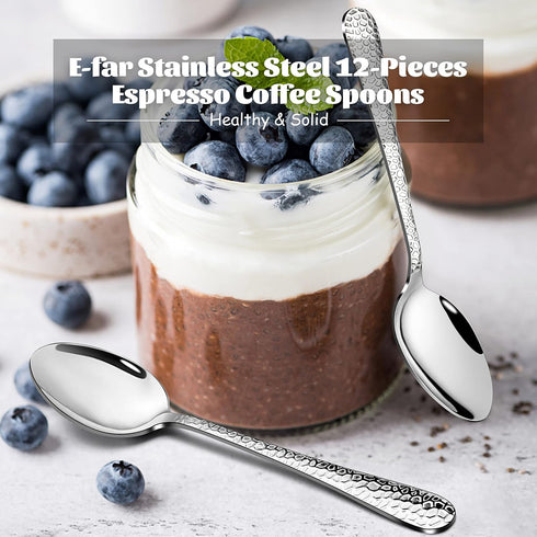 E-far 12-Piece Coffee Spoons, 6-Inch Stainless Steel Espresso Spoons, Small Metal Spoons for Coffee/Sugar/Tea, Hammered Design & Rust Free, Dishwa...
