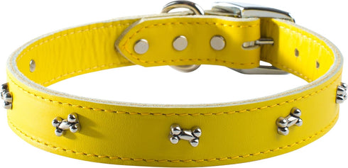 Signature Leather Dog Collar with Bone Ornaments, Yellow, 10"...