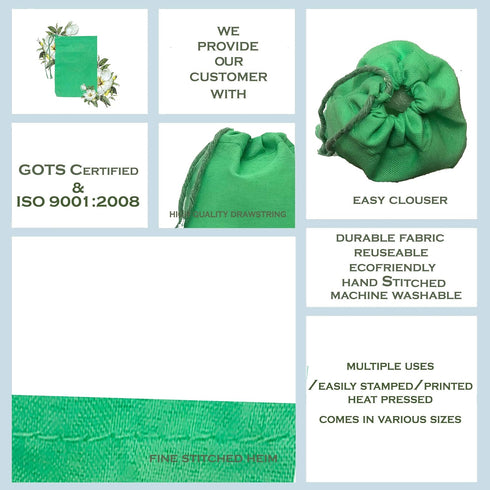 Green Cotton Christmas Drawstring Bags 145 GSM, (6x8 in 25 pcs) Kitchen & Grocery and herb Storage, Eco-Friendly, green gift bags Small Christmas ...