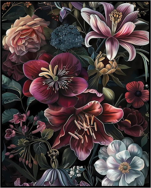 Posterizer 1 pcs-chic lush flowers with dark background-Floral & Botanical Art-Abstract & Modern Art-Decor for Home & Office- UNFRAMED Wall Art...