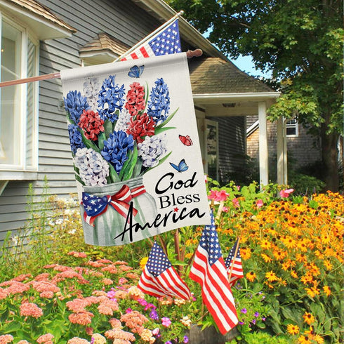 God Bless America 4th of July Patriotic 28 x 40 House Flag Double Sided, American Hyacinth Floral Flower Mason Jar Garden Yard Decoration, USA Bur...