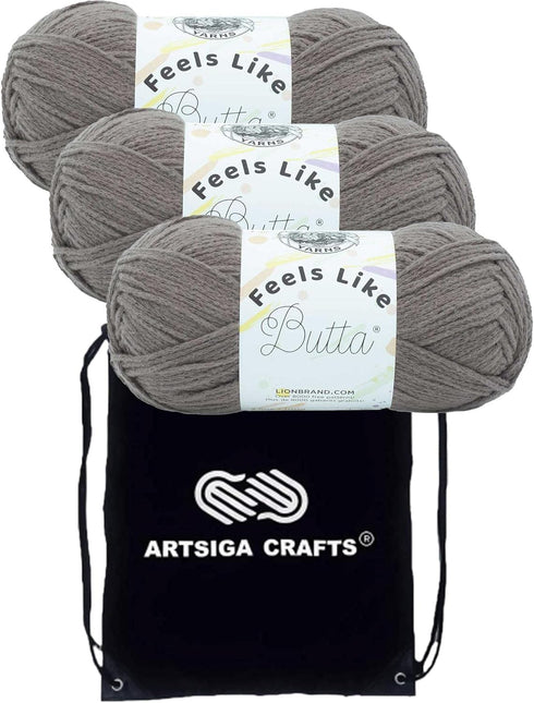 Lion Brand Yarn Feels Like Butta Yarn Cocoa 215-125 (3-Skein) Same Dyelot Worsted Medium #4 Soft 100% Polyester Bundle with 1 Artsiga Craft Bag......