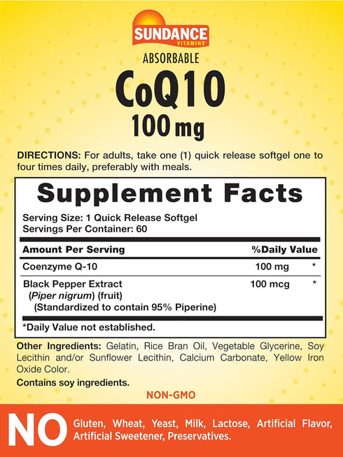 CoQ10 100mg | 60 Absorbable Softgels | with Black Pepper Extract | Non-GMO and Gluten Free Supplement | by Sundance...