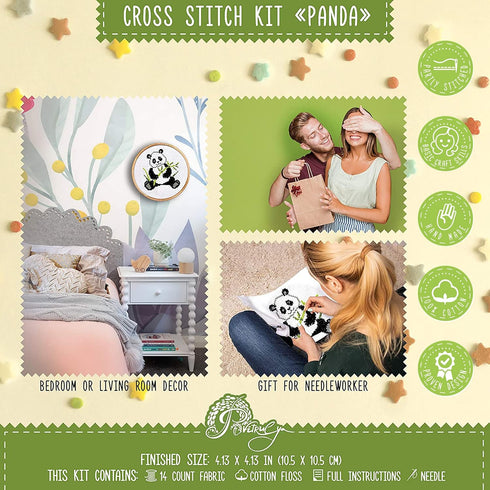 Povitrulya Counted Cross Stitch Kit with Pattern 'Panda' - Easy DIY Set for Hand Embroydery with Paper Pattern, 14 Count Blank Aida Canvas and Pre...