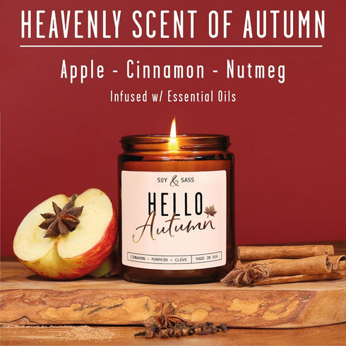 Fall Candles - 'Hello Autumn' Fall Candle w/Apple, Cinnamon & Nutmeg I Infused with Essential Oils I Autumn Fall Scented Candles I Cozy Cute Fall ...