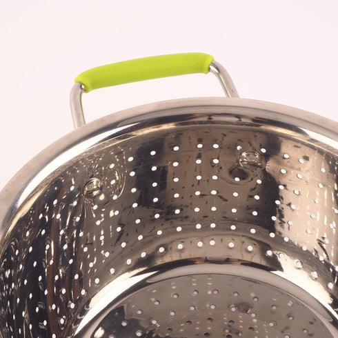 Stainless Steel Deep Colander Micro-perforated 2.5 Quart Metal Food Strainer with Green Silicone Handles for Draining Pasta Cleaning Food like Fru...