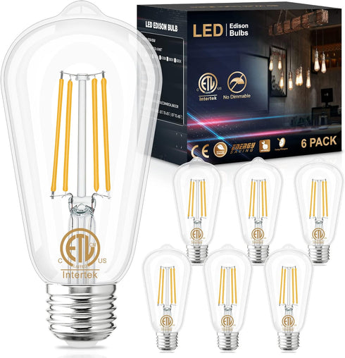 GOLSPARK Edison Bulbs 60 Watt Equivalent, E26 LED Bulb Soft White 3000K, 800LM, 6W 120V CRI85, E26 Base, ST58 Clear Vintage Light Bulbs for Living...