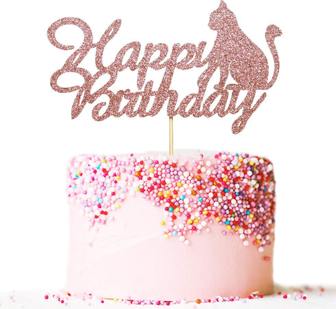 Happy Birthday Cake Topper Rose Gold Glitter Cat Cake Topper Cat Theme Birthday Party Cake Decoration...