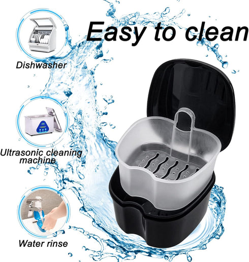 Black Denture Soaking Container Partial Denture Case, Orthodontic Retainer Cleaning Case Denture Cleaner Container Dentures Teeth Cup with Straine...