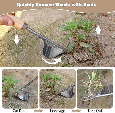Stainless Steel Weed Puller 2 Pcs, Multifunction Weeder Puller, Wood Handle Hand Weeder Tool for Gardening, Shaped Light Duty Hand Weeder for Gard...