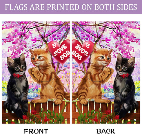Texupday Cute Cats kitty With Love Heart Balloon Fence Decoration Valentine's Day House Flag Outdoor Wedding Yard Flag 28" x 40"...