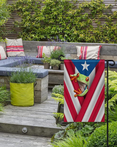 Garden Flags for Outside, Spring Summer Garden Flag for Garden & Porch Decor, Puerto Rico Flag and Frog Yard Flags for Outside 12x18 Inch Double S...