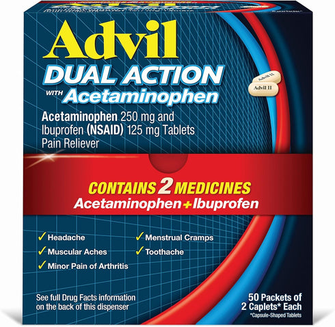 Advil Dual Action Coated Caplets with Acetaminophen, 250 Mg Ibuprofen and 500 Mg Acetaminophen Per Dose (2 Dose Equivalent) for 8 Hour Pain Relief...