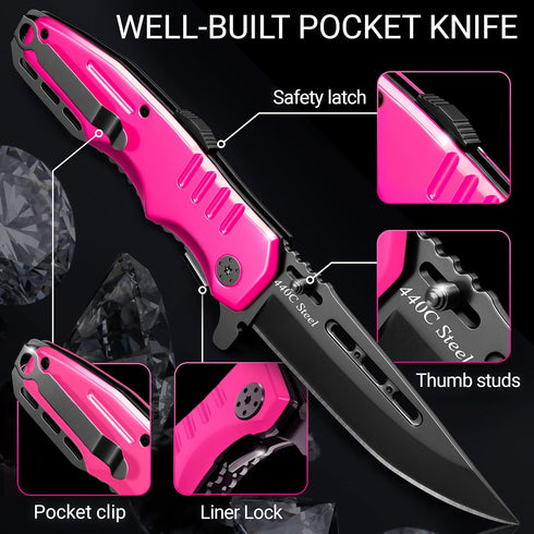 Spring Assisted Pink Knife - Pocket Knife for Women - Self Defense Knife for Women - Pink Knives - Cute Womens Girl Knife - Womens Folding Knife -...