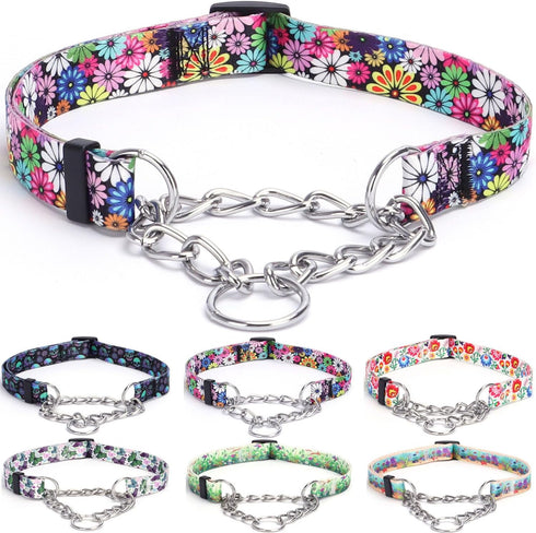 Martingale Collar, Training Dog Collar, Stainless Steel Chain Pet Collar for No Pull Dog Walking Flowers Design Large Medium Small Dogs (L, Firewo...