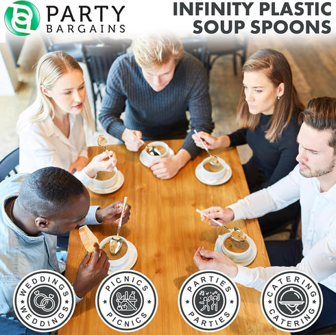 Party Bargains Disposable Plastic White Gold Soup Spoons, Infinity Modern Design Utensils, 20 Pack...