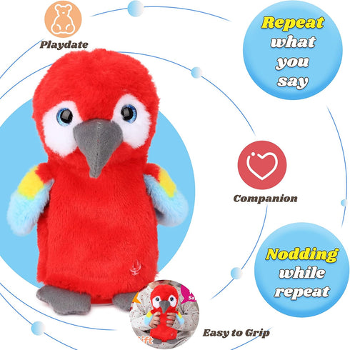 Hopearl Talking Parrot Repeats What You Say Nodding Electric Interactive Animated Toy Speaking Plush Buddy Gifts for Toddlers, Red, 7.5''...