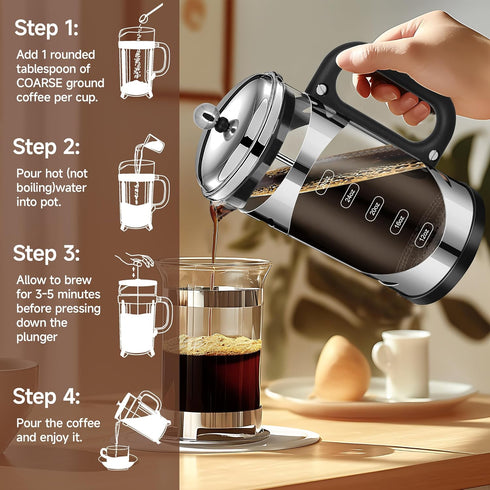 34 Ounce French Press Coffee Maker Chromium Stainless Steel Coffee Press, with 4-Level Filter System, Heat Resistant Thickness Borosilicate Glass,...