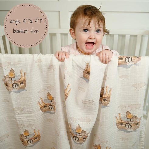 Muslin Swaddle Blanket | 100% Muslin Cotton | Gender Neutral Newborn and Baby Nursery Essentials for Girls and Boys, Registry | Noah's Ark Print...