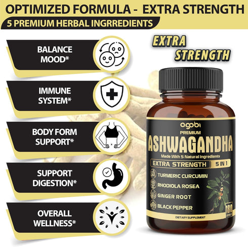 5in1 Premium Ashwagandha Capsules - Added Turmeric, Rhodiola Rosea, Ginger, Black Pepper - Strength, Spirit & Immune Support - 180 Caps for 6 Mont...