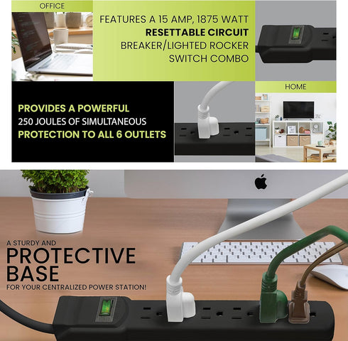 Go Green Power Inc. 6 Outlet Surge Protector, Black, 6ft Cord - 250 Joules, Circuit Breaker, Mountable, Great for in-Home Use...