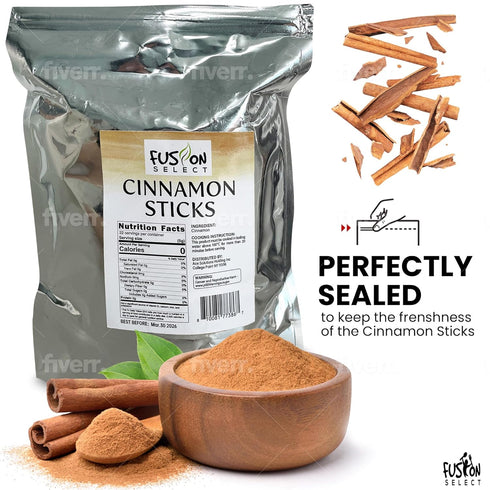 Fusion Select Cinnamon Sticks - Whole Canela Bark Pieces for Asian, Indian, & Middle Eastern Cuisine - Herbs & Spices for Baking & Cooking - Packe...