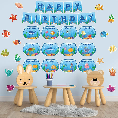 132 Pcs Under The Sea Birthday Bulletin Board Set Ocean Bulletin Board Classroom Decor Fish Learning Chart Cutouts Sea Animal Bulletin Board Birth...