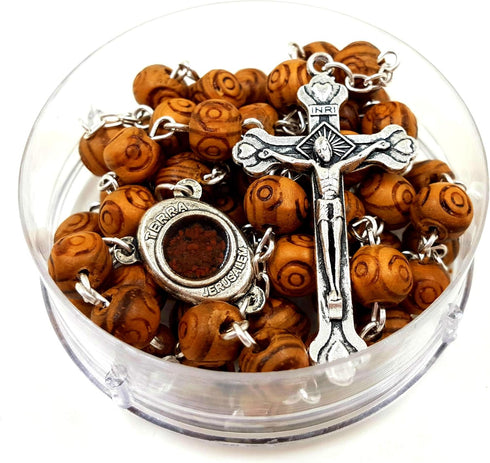 TALISMAN4U CATHOLIC ROSARY NECKLACE Olive Wood Carved Beads With Jerusalem Soil & Cross Crucifix in Gift Box...
