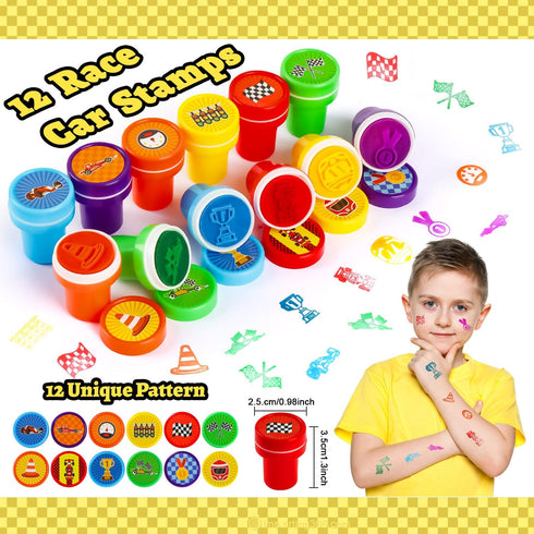 Race Car Party Favors Set - 110 pcs Race Car Birthday Party Supplies, Keychains, Slap Bracelet, Race Car Stickers, Race Car Straws, Stamps for Kid...