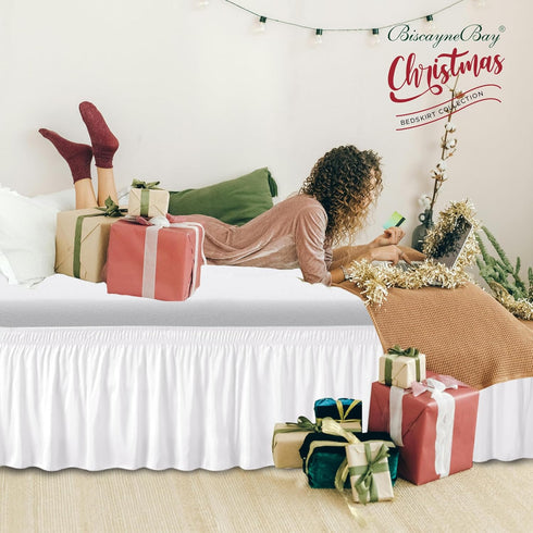 Biscaynebay Wrap Around Bed Skirts for King & Cal King Beds Extra Short Drop of 9", White Elastic Dust Ruffles Easy Fit Wrinkle & Fade Resistant S...