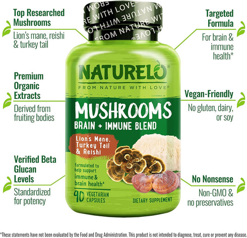 NATURELO Mushroom Supplement – Brain & Immune Health Blend with Lion’s Mane, Reishi, Turkey Tail – 90 Vegan Friendly Capsules...