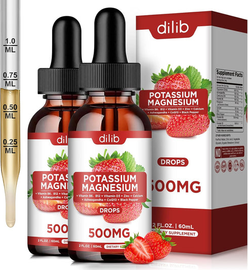 Potassium Magnesium Citrate Supplement, Liquid Magnesium Citrate Drops 500mg with Ashwagandha, Calcium, Zinc, Vitamin D3, B6, B12, CoQ10 - Support...