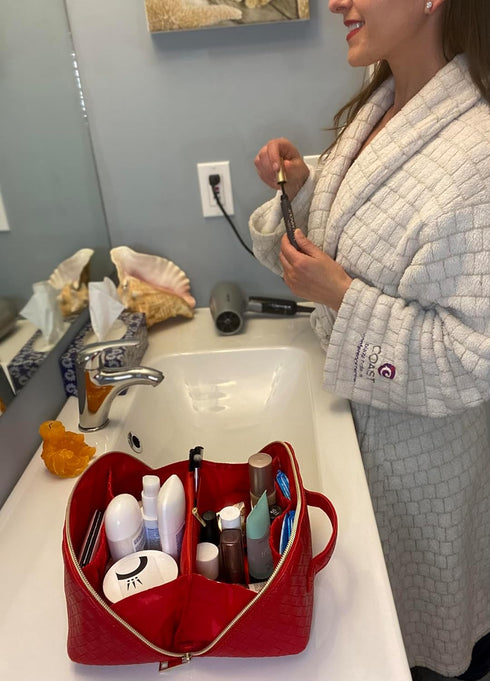 Travel Makeup Bag Water-resistant Large Capacity Red Cosmetic Bag With Elegant Woven Pattern Double-Sided Zipper And Smart Interior Organization F...