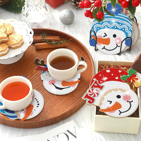 12 Pcs Christmas Diamond Art Coasters Snowman Head Diamond Painting Coasters with Holder Xmas Diamond Painting Kit Diamond Acrylic Round Cup Coast...
