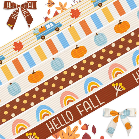 6PCS 3/8" Fall Ribbons Thanksgiving Ribbons, Grosgrain Pumpkin Leaves Hello Fall Decor Ribbons 30 Yards, Autumn Decor Ribbons for Fall Thanksgivin...