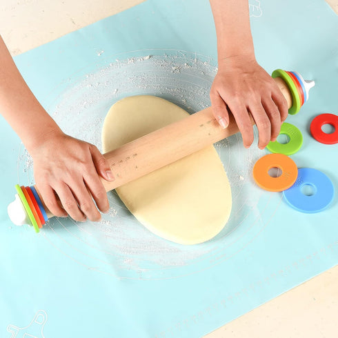 Wood Rolling Pin With 4 Adjustable Thickness Rings, Non-stick Dough Roller For Baking, 17 Inch Pizza Roller For Kitchen supplies, Handle Press Des...