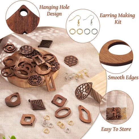 FASHEWELRY 24Pcs Natural Filigree Wood Earring Charms Blank Flat Round Teardrop Oval Walnut Wooden Pendants with 120pcs Earring Hooks Jump Rings f...