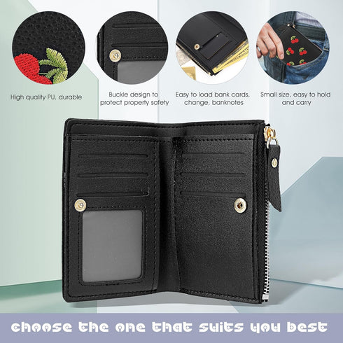 Women's Wallets, Short Cherry Embroidery Trend Ladies Small Wallets, Cute Small Wallets for Girls Leather Zipper Wallets (black)...