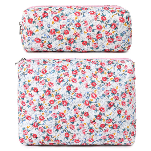 2 Pcs Quilted Makeup Bag Floral Cosmetic Bag Cotton Large Travel Coquette Toiletry Puffer Bag Aesthetic Cute Glossier Makeup Bag for Women Girls...