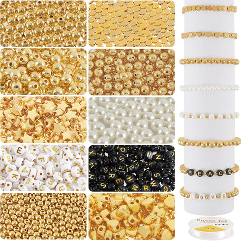 Whaline 1500Pcs Gold Spacer Beads Kit 10 Styles Bracelets Making Beads Assorted Gold White Black Spacer Beads Star Flat Beads Alphabet Letter Bead...