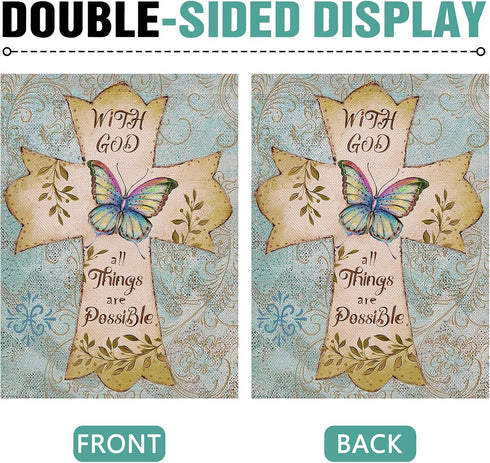 Easter Decorative 12 x 18 Religious Garden Flag Cross Double Sided Christian Faith, with God All Things are Possible Burlap Yard Decoration, Butte...