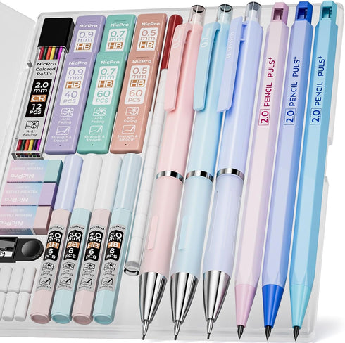 Nicpro 22PCS Pastel Mechanical Pencils Set in Case, Art Cute Drafting Pencil 0.5, 0.7, 0.9 mm, 2mm Lead Pencil Holders for Sketching Drawing With ...