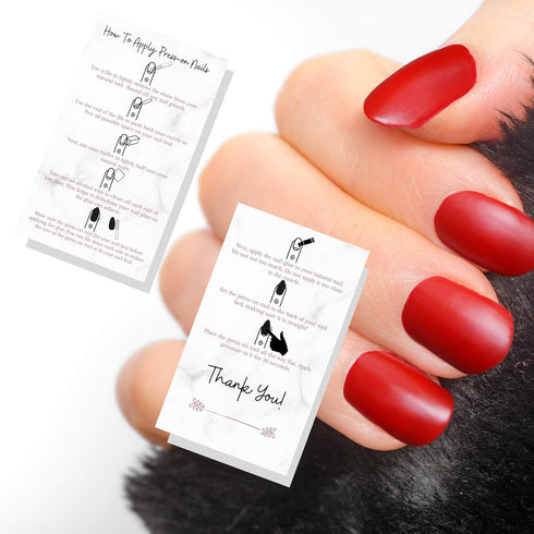 Press-On Nail Application Instructions Cards | 50 Pack | 2x3.5" inch Business Card Size | DIY Press-On Nail Kit | Marble with Rosey Gold Design...