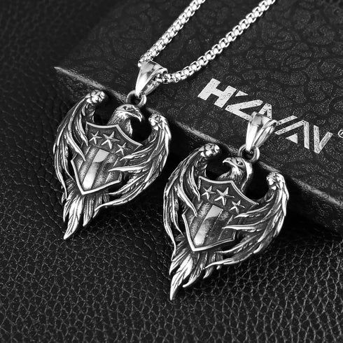 HZMAN Stainless Steel Hawk Eagle Necklace for Men Women Patriotic American Flag Bald Eagle Shield Pendant Jewelry Gift...