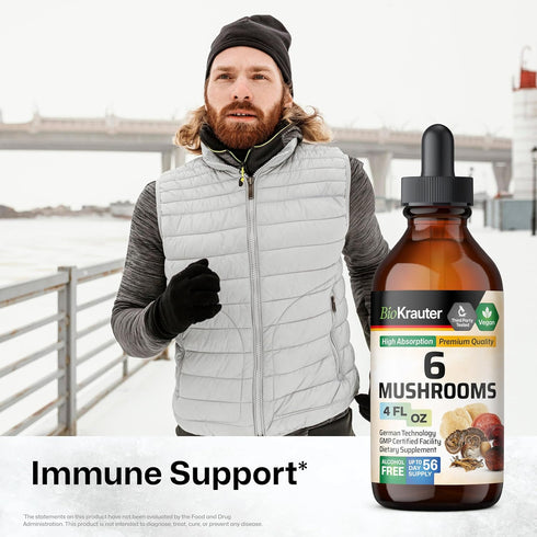 BIO KRAUTER 6 Mushrooms Supplement 6-in-1 - Lions Mane, Shiitake,Turkey Tail, Cordyceps, Reishi & Chaga Liquid Extract - Mushroom Complex Tincture...