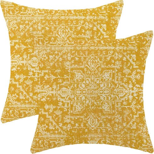 Boho Pillow Covers 20x20 Set of 2, Yellow Carpet Pattern Decorative Throw Pillows Linen Ethnic Design Farmhouse Cushion Pillow Covers for Sofa Cou...