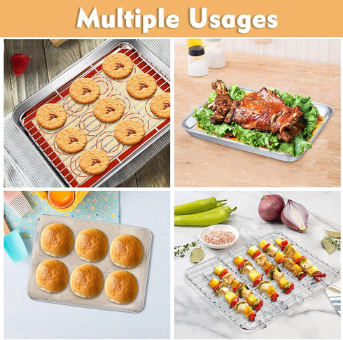 Mini Toaster Oven Pan with Rack & Mat Set, P&P CHEF 9 Inch Stainless Steel Small Toaster Oven Tray with Wire Rack & Silicone Mat for Small Oven & ...