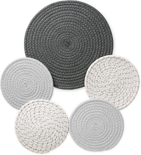 5-Pcs Trivet Pot Holder: Round Woven Potholders Set - 100% Cotton Braided Hot Pads - Coasters - Table Mats for Cooking and Baking One 11.8 Inch an...